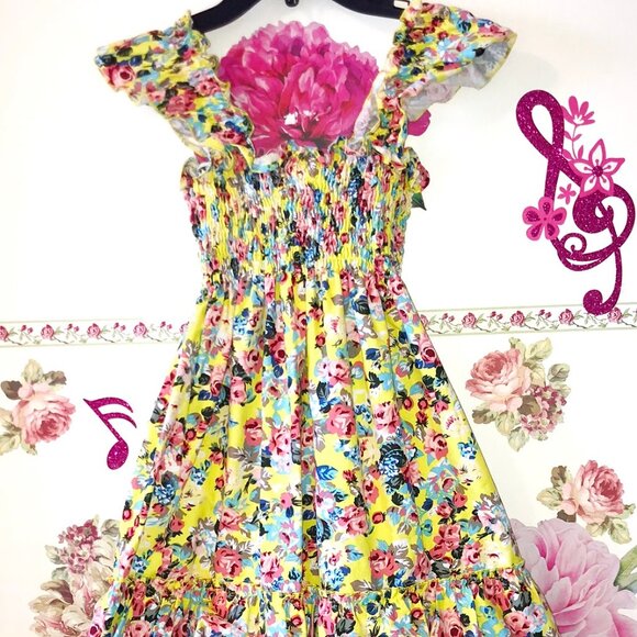 Lilli Lovebird Yellow Rose Flared Layered Floral Cotton Dress Girls 10 - Picture 2 of 7